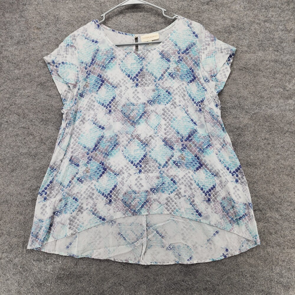 Cynthia Rowley Shirt Womens XL Short Sleeve Blue White Snakeskin